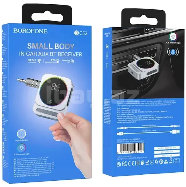 Aux Borofone BC52 Bluetooth 5.3 AUX Receiver – 3.5 mm, RGB İşıq, 250 mAh, 12 Saat İşləmə, Gümüşü
