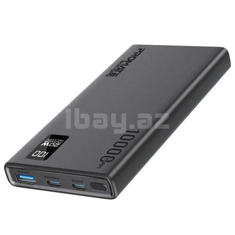 Promate BOLT-10PD Power Bank 10000mAh 20W – USB-C PD, QC 3.0, Black