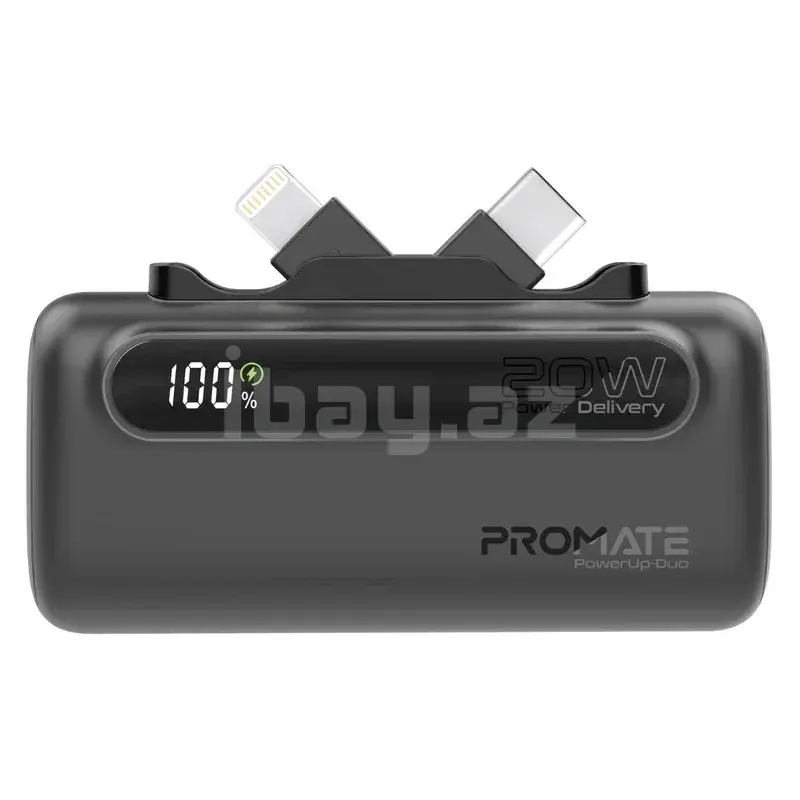 Promate PowerUp-Duo 5000mAh 20W Mini Power Bank – USB-C & Lightning, Qara