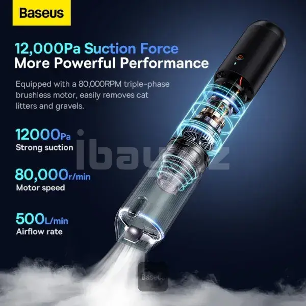 Baseus A3 Lite 3-in-1 Avtomobil Tozsoranı Mini Hava Üfürücü və Nasoslu 12000Pa Qara 2