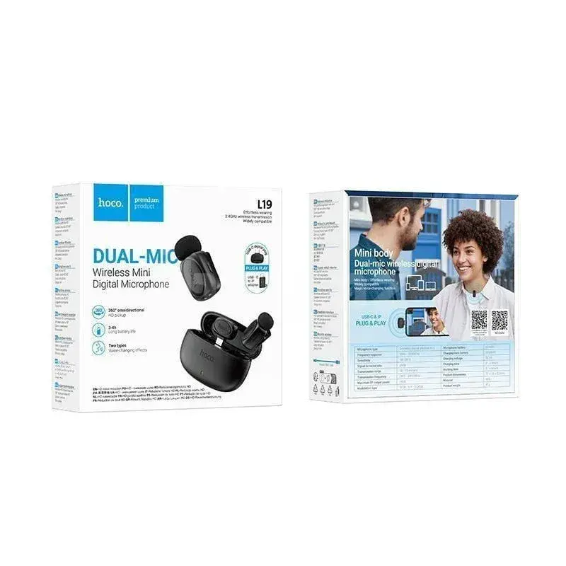 Hoco L19 Dual Black Simsiz Lavalier Mikrofon Type-C Lightning Telefon Mikrofonu