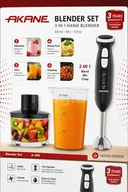 Çoxfunksiyalı Blender Dəsti Akane A399 3-ü 1-də 340W Elektrikli Mikser Doğrayıcı Rondo və Püre Aparatı