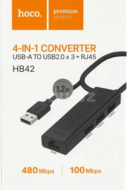 HOCO HB42 Easy Safety USB-A Хаб 4-в-1 3×USB 3.0 RJ45 Gigabit