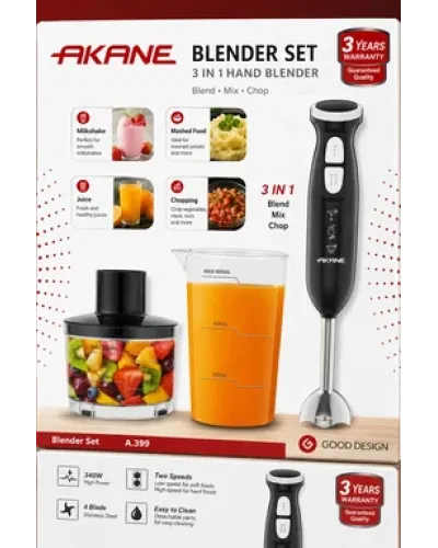 Çoxfunksiyalı Blender Dəsti Akane A399 3-ü 1-də 340W Elektrikli Mikser Doğrayıcı Rondo və Püre Aparatı