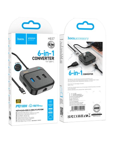 HOCO HB37 Easy Link 6-in-1 Type-C Hub 4K RJ45 PD100W Adapter