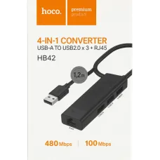 HOCO HB42 Easy Safety USB-A Hub 4-in-1 3×USB 3.0 RJ45 Gigabit