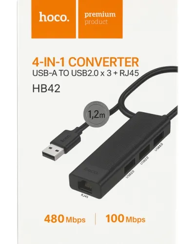 HOCO HB42 Easy Safety USB-A Hub 4-in-1 3×USB 3.0 RJ45 Gigabit