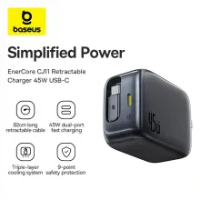 Baseus EnerCore CJ11 Retractable Charger 2C 45W USB-C İki Portlu Sürətli Şarj Adapteri Black