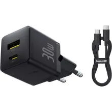 Şəbəkə adapteri Baseus Palm Fast Charger USB-A + USB-C 30W PD3.0 QC4.0 + Type-C Kabel 1m Black P1011160A113-01