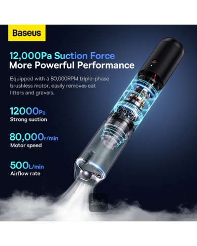 Baseus A3 Lite 3-in-1 Avtomobil Tozsoranı Mini Hava Üfürücü və Nasoslu 12000Pa Qara