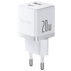 Baseus Palm C+U 20W USB-C və USB-A Sürətli Şarj Adapteri EU Moon White