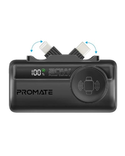 Promate PowerUp-Trio 5000mAh 20W Mini Power Bank – USB-C, Lightning, Apple Watch, Black