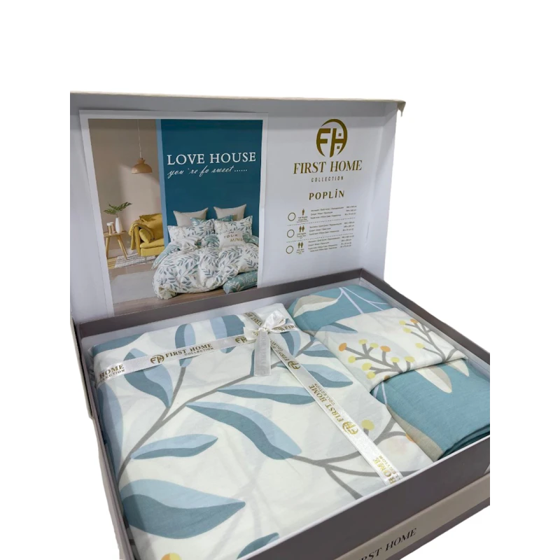 Yataq dəsti First Home SHA-0000586, yarpaqlar, 2 yorğan üzü 160x220 sm, mələfə 250x240 sm, yastıq üzü 50x70 sm 2 əd, ailəvi, pambıq, yaşıl/ağ