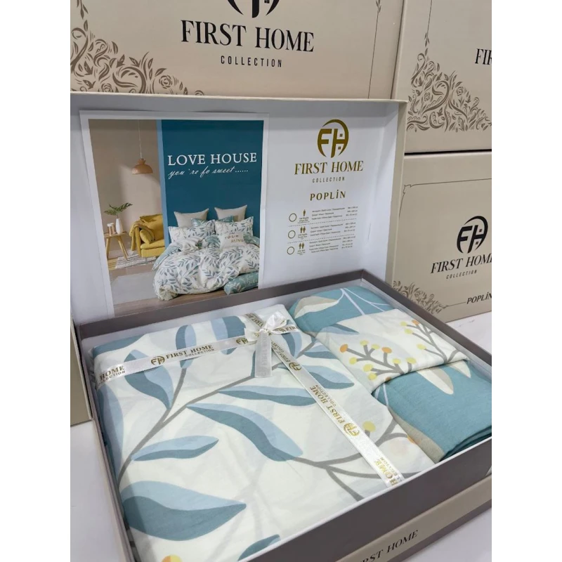 Yataq dəsti First Home SHA-0000586, yarpaqlar, 2 yorğan üzü 160x220 sm, mələfə 250x240 sm, yastıq üzü 50x70 sm 2 əd, ailəvi, pambıq, yaşıl/ağ
