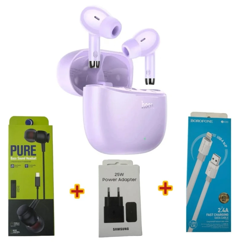 Simsiz qulaqlıqlar Hoco EQ2 Purple + Hədiyyə Simli qulaqlıqlar Strap Pure + Şəbəkə enerji toplama cihazı Samsung 25W + USB kabel Borofone BX89