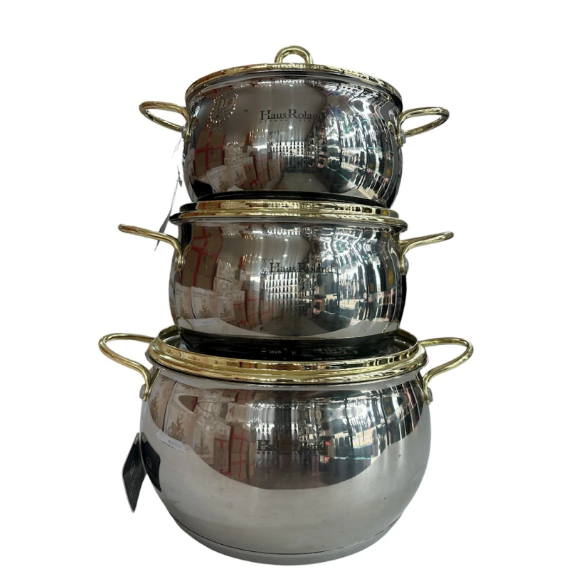 Набор кастрюль HausRoland ZGH_00543, нержавеющая сталь, серебристый/золотистый, 18/20/24 см, 6 предметов Набор кастрюль HausRoland ZGH_00543, нержавеющая сталь, серебристый/золотистый, 18/20/24 см, 6 предметов