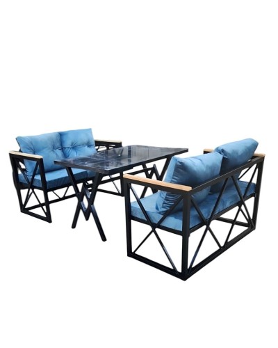 Bağ üçün mebel dəsti 21, divan 130x60x40 sm/masa: 130x70x75 sm, mavi/qara
