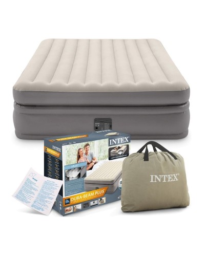 İkinəfərli şişirdilmiş çarpayı Intex quraşdırılmış elektro-nasos ilə 64164 Comfort-Plush saxlama çantası ilə, bej, 152x203x51 sm