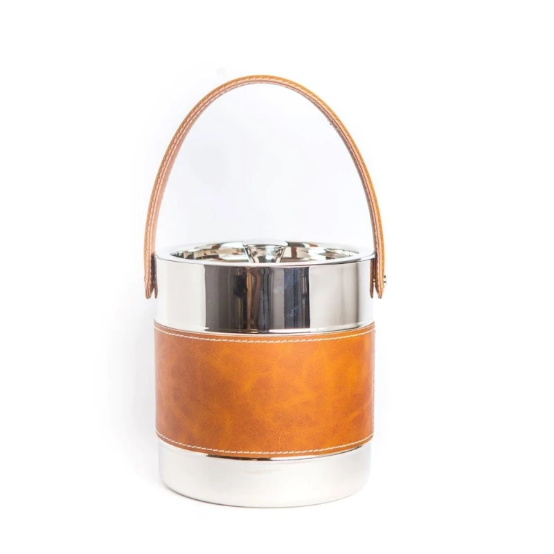 Ведерко для льда Hom-me Winston 105665, 19.5x17.5x20 см, нержавеющая сталь/искусственная кожа, серебристый/коричневый
