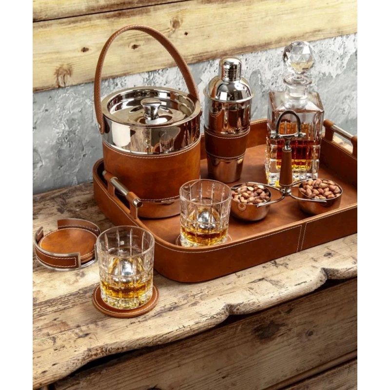 Ведерко для льда Hom-me Winston 105665, 19.5x17.5x20 см, нержавеющая сталь/искусственная кожа, серебристый/коричневый