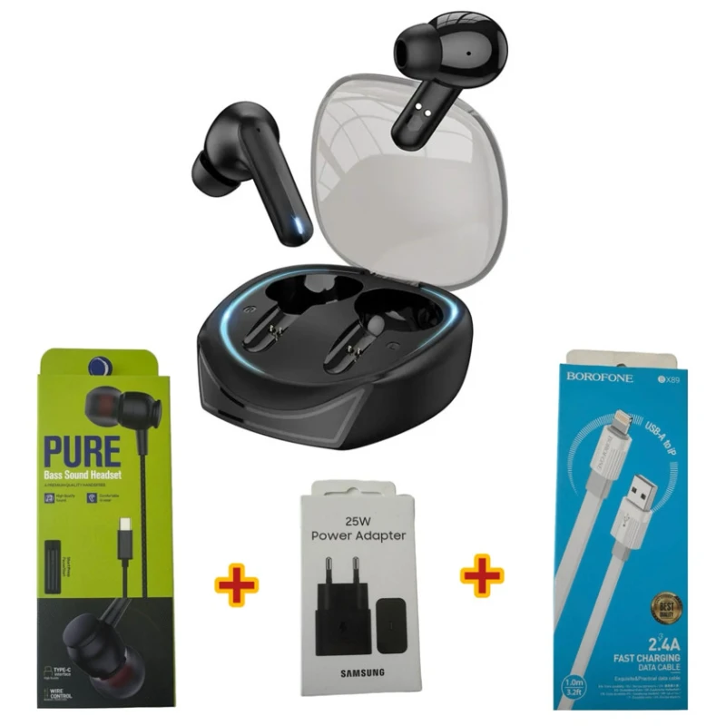 Simsiz qulaqlıqlar Borofone BW37 Black + Hədiyyə Simli qulaqlıqlar Strap Pure + Şəbəkə enerji toplama cihazı Samsung 25W + USB kabel Borofone BX89