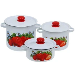 Набор кастрюль СтальЭмаль Клубника садовая N16B59, 3 шт, 2/3.5/5.5 л, эмалированная сталь, с крышкой, белый Набор кастрюль СтальЭмаль Клубника садовая N16B59, 3 шт, 2/3.5/5.5 л, эмалированная сталь, с крышкой, белый