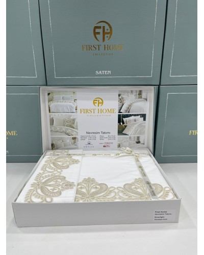 Yataq dəsti FIRST HOME Orkide, İnci, Menekşe, Manolya, Pandora, Fleur Satin, güpürlü, mələfə 250x250 sm, yorğan üzü 200x220 sm, yastıq üzü 50x70 sm 2 əd, ikinəfərlik, 100% pambıq, satin - TP-TK-236