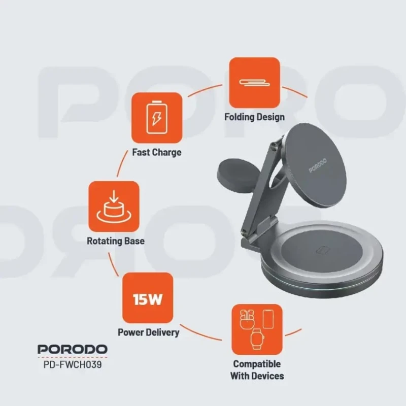Беспроводное зарядное устройство Porodo Rotating Base Three-Device Wireless Беспроводное зарядное устройство Porodo Rotating Base Three-Device Wireless