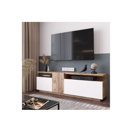 Тумба под ТВ Ev Plus 12115861, ЛДСП, белый/коричневый, 150x30x46 см Тумба под ТВ Ev Plus 12115861, ЛДСП, белый/коричневый, 150x30x46 см
