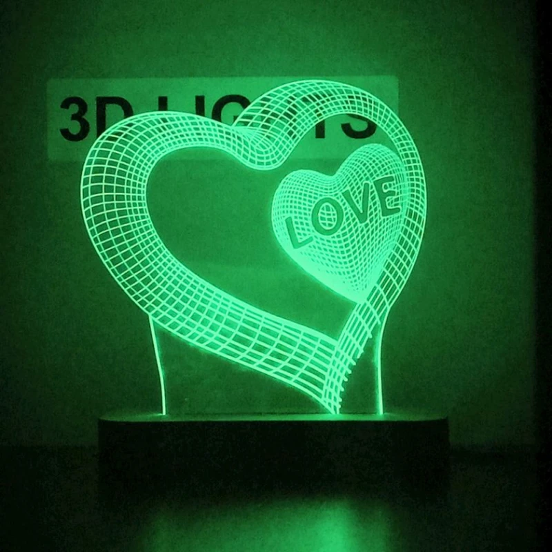 3D-gecə lampası Ürək tuy01, 20x14 sm, yaşıl