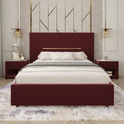 Двуспальная кровать Art_ikili_yataq 79, ламинат/текстиль, бордовая, 120x180х200 см