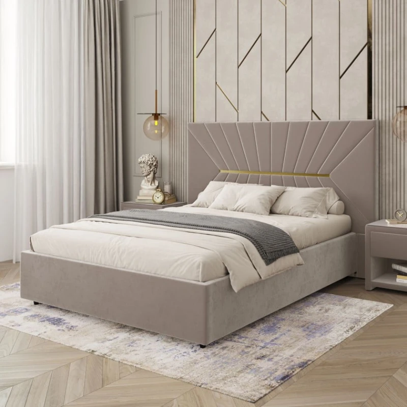 Двуспальная кровать Art_ikili_yataq 76, ламинат/текстиль, бежевая, 120x160х200 см