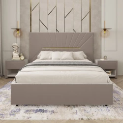 Двуспальная кровать Art_ikili_yataq 76, ламинат/текстиль, бежевая, 120x160х200 см