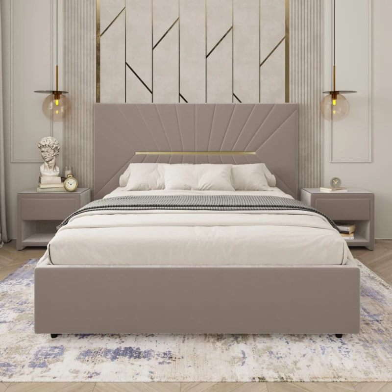 Двуспальная кровать Art_ikili_yataq 76, ламинат/текстиль, бежевая, 120x160х200 см