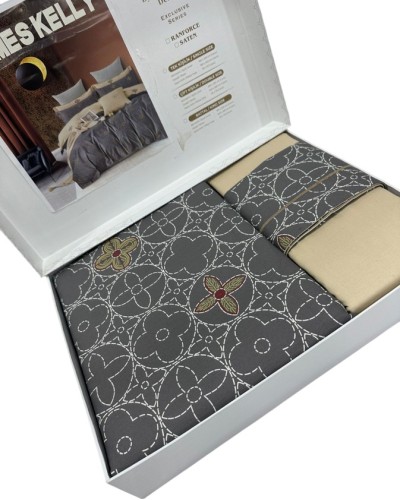 Yataq dəsti James Kelly, lüks-satin, boz/krem, ikinəfərlik, yorğan üzü 200x230 sm, mələfə 240x260, 2 əd yastıq üzü 50х70 sm