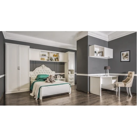 Набор мебели для спальни Era Mebel Mişel, белый (шкаф с 2 дверцами 90x55x223 см, шкаф с 1 дверью 45.5x55x223 см, кровать 150x205.7x137 см, прикроватная тумба 56x47x50.5 см, верхний шкаф 220x35x50 см, письменный стол 130x60x75.3 см, подвесная полка 130x35x Набор мебели для спальни Era Mebel Mişel, белый (шкаф с 2 дверцами 90x55x223 см, шкаф с 1 дверью 45.5x55x223 см, кровать 150x205.7x137 см, прикроватная тумба 56x47x50.5 см, верхний шкаф 220x35x50 см, письменный стол 130x60x75.3 см, подвесная полка 130x35x