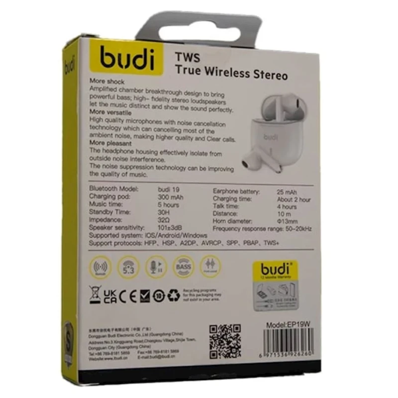 Simsiz qulaqlıqlar Budi EP19 White Simsiz qulaqlıqlar Budi EP19 White