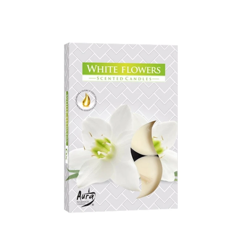 Набор ароматических свечей Bispol White Flowers, 6 шт, 1.5x3.9 см, парафин, 4 часа горения, в подсвечнике, белый Набор ароматических свечей Bispol White Flowers, 6 шт, 1.5x3.9 см, парафин, 4 часа горения, в подсвечнике, белый