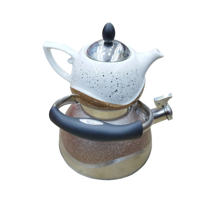 Двухэтажный чайник HomeStore_DL79, чайник для кипятка 3 л, коричневый, чайник для заварки 800 мл, белый