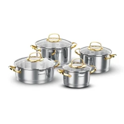 Набор кастрюль Korkmaz Goldia A1046, нержавеющая сталь, с крышкой, 8 предметов, серебристый/золотистый