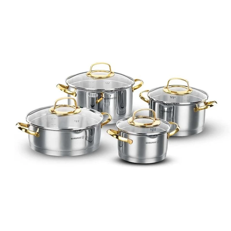 Набор кастрюль Korkmaz Goldia A1046, нержавеющая сталь, с крышкой, 8 предметов, серебристый/золотистый