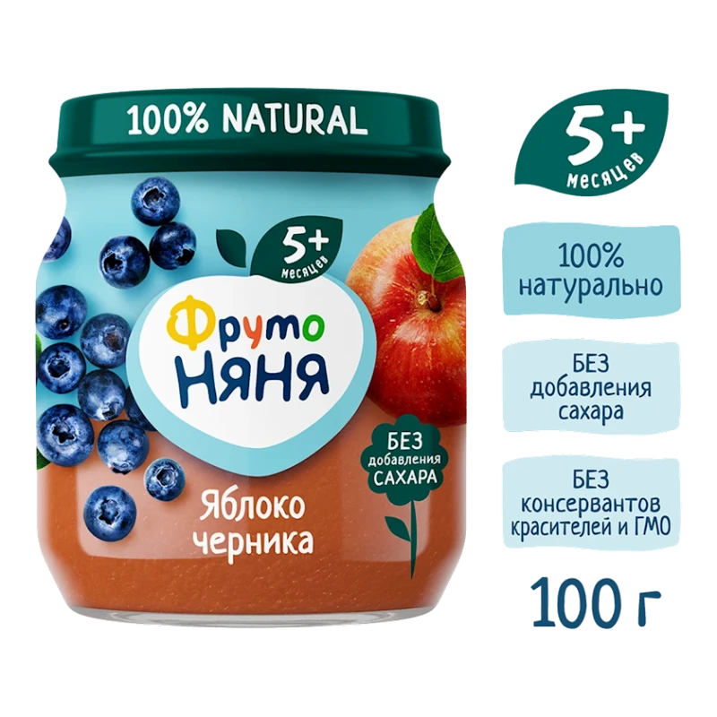 Фруктово-ягодное пюре ФрутоНяня Яблоко и Черника, 100 г Фруктово-ягодное пюре ФрутоНяня Яблоко и Черника, 100 г