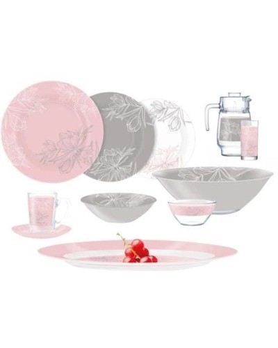 Süfrə qab-qacaq dəsti Luminarc AMB Fleur Pink&Grey, 46 əd, 6 nəfərlik, çəhrayı/boz/şəffaf
