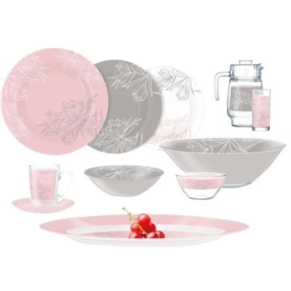 Набор столовой посуды Luminarc AMB Fleur Pink&Grey, 46 шт, 6 персон, розовый/серый/прозрачный