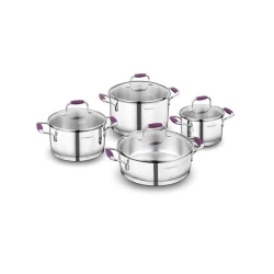 Набор кастрюль Korkmaz Flora A1979, 4 шт, 16x10/20x11/24x14/24x8 см, 2/3.5/6.3/3.8 л, нержавеющая сталь, с крышкой, серебристый/фиолетовый