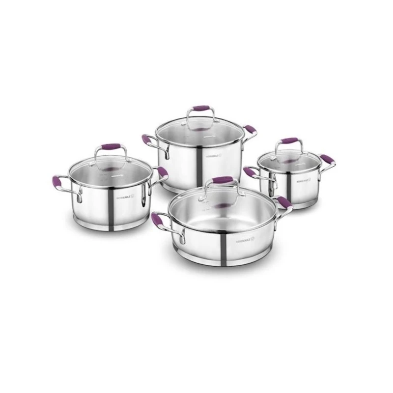 Набор кастрюль Korkmaz Flora A1979, 4 шт, 16x10/20x11/24x14/24x8 см, 2/3.5/6.3/3.8 л, нержавеющая сталь, с крышкой, серебристый/фиолетовый Набор кастрюль Korkmaz Flora A1979, 4 шт, 16x10/20x11/24x14/24x8 см, 2/3.5/6.3/3.8 л, нержавеющая сталь, с крышкой, серебристый/фиолетовый