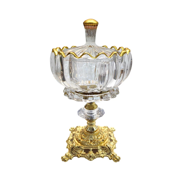 Şirniyyat qabı BANU774, 18x10 sm, şüşə/metal, qapaq ilə, ayaqlı, qızılı/şəffaf