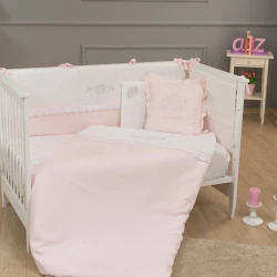 Комплект детского постельного белья Funna baby Princess, 8 предметов, пододеяльник 100x150 см, внутреннее одеяло, защита головы 45x70 см, боковая защита 45x130 см - 2 шт, простыня, наволочка 35x45 см, декоративная наволочка, хлопок, белый, розовый