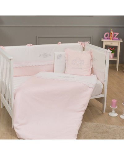 Uşaq yataq dəsti Funna baby Princess, 8 hissə, yorğan üzü 100x150 sm, iç yorğan, baş üçün qoruma 45x70 sm, yan qoruma 45x130 см - 2 əd, mələfə, yastıq üzü 35x45 sm, dekorativ yastıq, pambıq, ağ, çəhrayı
