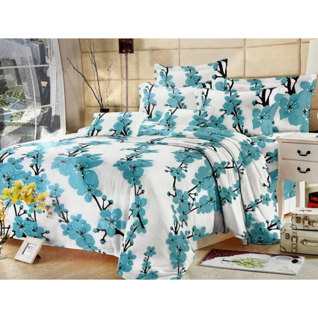 Комплект постельного белья YT-LL-008, односпальный, хлопок, белый/голубой Комплект постельного белья YT-LL-008, односпальный, хлопок, белый/голубой